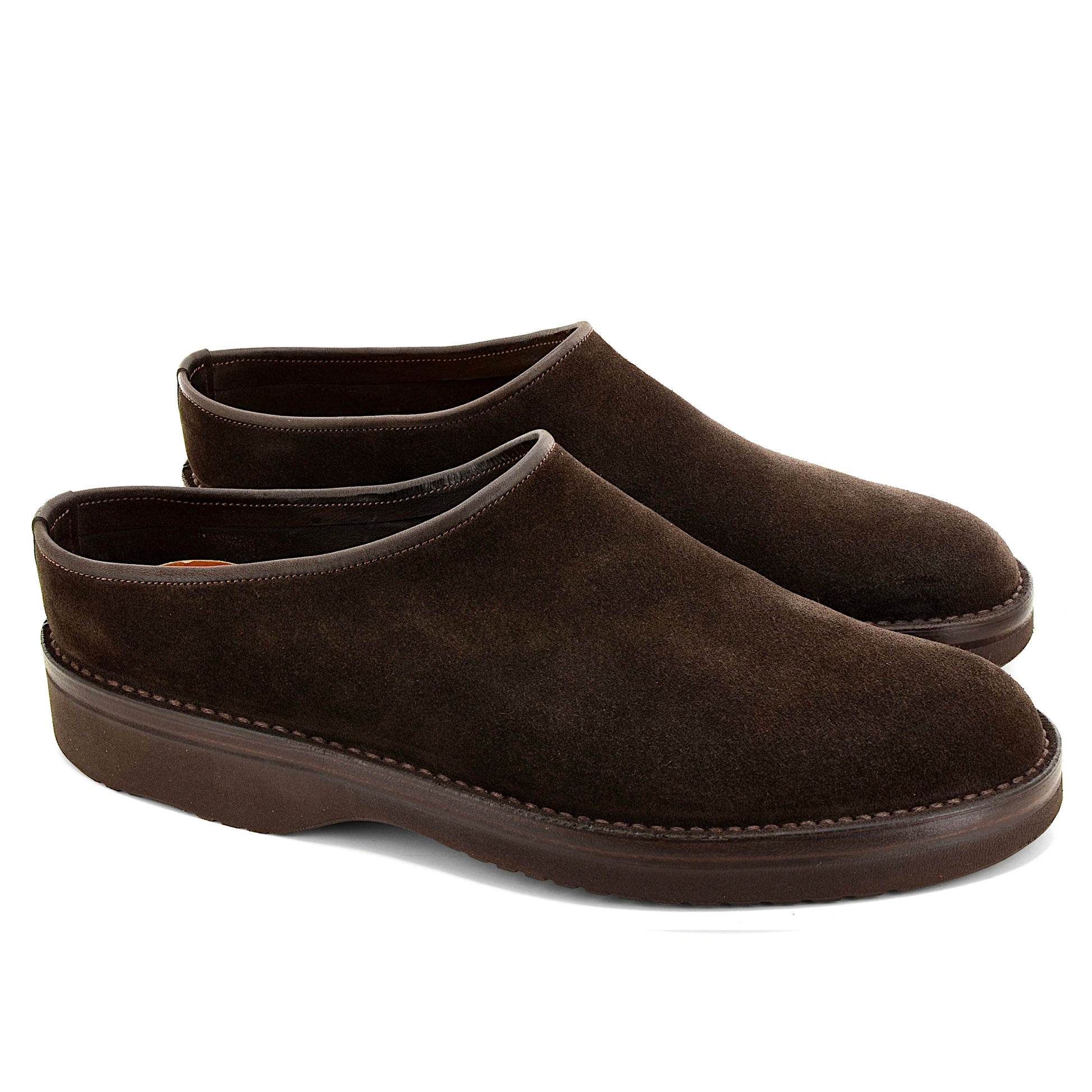 pair brown suede leather clogs